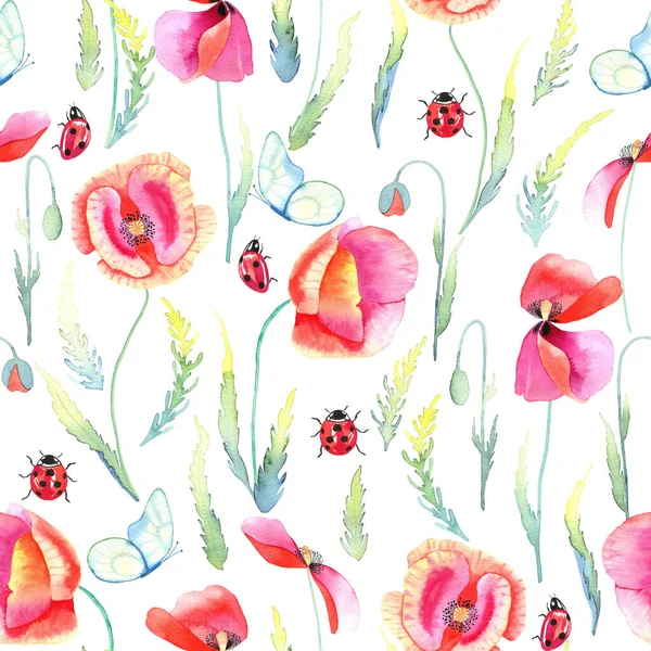 stock image Red poppy flowers with buds and leaves watercolor seamless pattern. Meadow plants with butterflies and ladybug hand drawn endless background. For fabric and wallpaper.