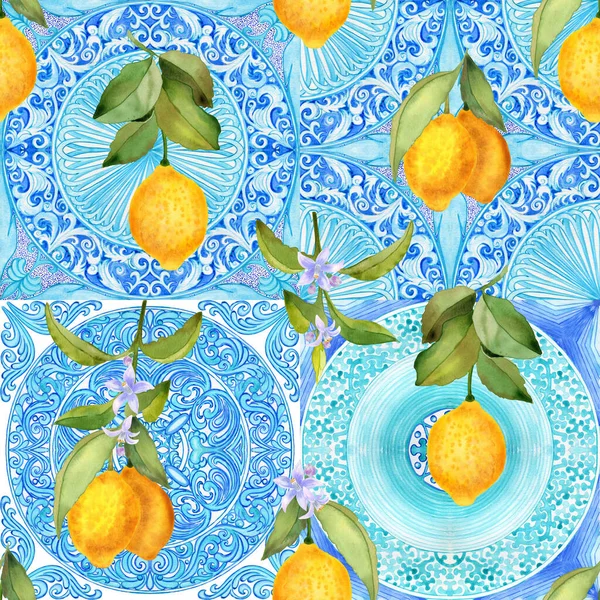 Padrão Sem Costura Mediterrânea Azulejos Majólicas Azuis Limões Amarelos Fundo — Fotografia de Stock