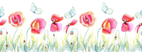 Kırmızı haşhaş suluboya, pürüzsüz sınır. Yaban çiçekleri ve kelebeklerle dolu bitmeyen bir yaz tabelası. Kartpostallar ve davetiyeler için..