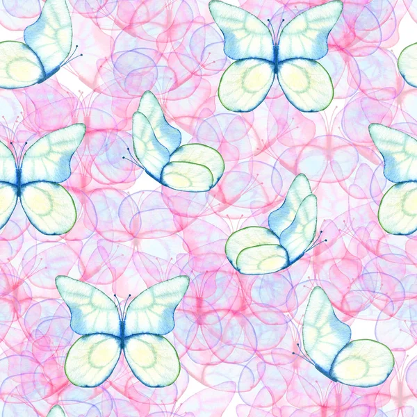 Mariposas Transparentes Patrón Acuarela Sin Costuras Fondo Interminable Dibujado Mano — Foto de Stock