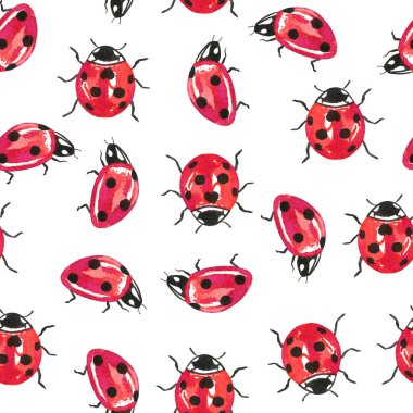 Uğur böcekleri suluboya desenli. Kırmızı böcekler, kumaş ve duvar kağıtları için sonsuz arka plan. Yaz parlak tasarımı.