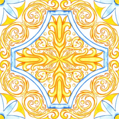 Majolica watercolor seamless pattern. Sicilian hand drawn ornament. Traditional blue and yellow ceramic tiles. Portuguese traditional azulejo pattern. Moroccan style.	