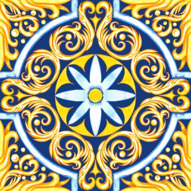 Majolica watercolor seamless pattern. Sicilian hand drawn ornament. Traditional blue and yellow ceramic tiles. Portuguese traditional azulejo pattern. Moroccan style.	