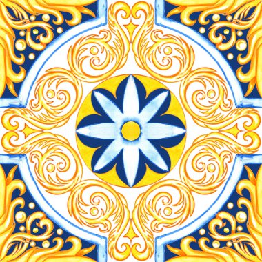 Majolica watercolor seamless pattern. Sicilian hand drawn ornament. Traditional blue and yellow ceramic tiles. Portuguese traditional azulejo pattern. Moroccan style.	
