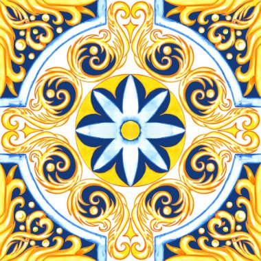 Majolica watercolor seamless pattern. Sicilian hand drawn ornament. Traditional blue and yellow ceramic tiles. Portuguese traditional azulejo pattern. Moroccan style.	