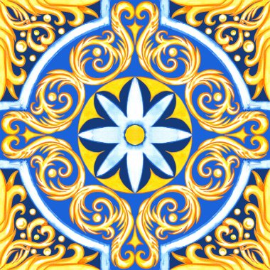 Majolica watercolor seamless pattern. Sicilian hand drawn ornament. Traditional blue and yellow ceramic tiles. Portuguese traditional azulejo pattern. Moroccan style.	