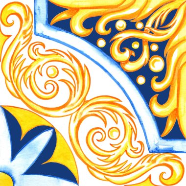 Majolica watercolor seamless pattern. Sicilian hand drawn ornament. Traditional blue and yellow ceramic tiles. Portuguese traditional azulejo pattern. Moroccan style.	