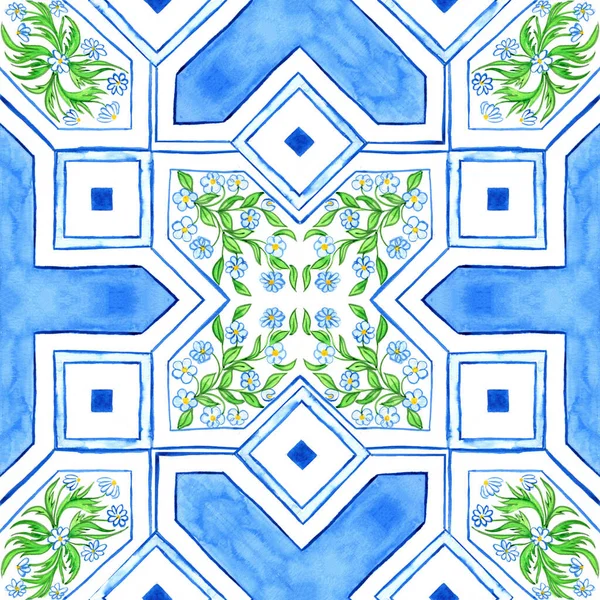 Majolica Pattern Sicilian Hand Drawn Blue Ornament Traditional Blue White — 스톡 사진