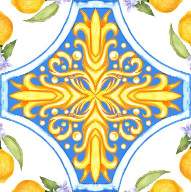 Akdeniz 'in pürüzsüz deseni. Mavi majolika fayanslar ve sarı limonlar sonsuz arka plan. Kumaş ve duvar kağıtları için geleneksel Sicilya baskısı. Mavi azulejo.