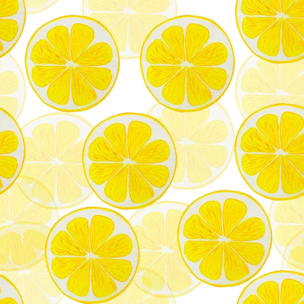 stock image Lemon slices round watercolor seamless pattern. Endless background of yellow citrus fruits. Hand drawn lemonade backdrop. For fabric and wallpaper. Summer print.