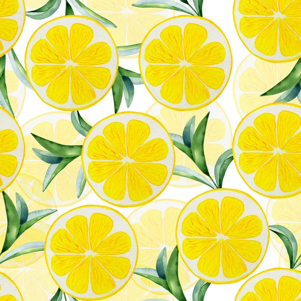 Runde Zitronenscheiben Und Blätter Aquarell Nahtlose Muster Endloser Hintergrund Aus — Stockfoto