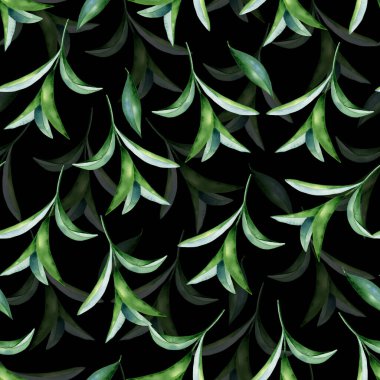 Yaprakları pürüzsüz olan yeşil suluboya dallar. Bitmek bilmeyen sebze geçmişi. El çizimi arka plan ve duvar kağıdı. Kumaş ve ambalaj kağıdı için.