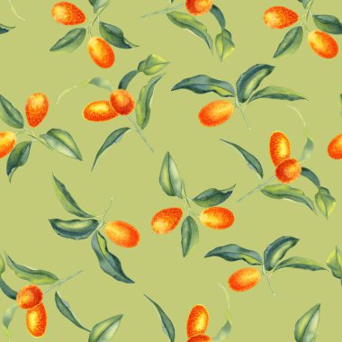 Kumquat dalları suluboya desenli. Turuncu turuncu meyveler ve sonsuz bir arkaplan bırakıyor. Tropik ağaç eli çizilmiş süs. Tekstil ve ambalaj kağıdı için.