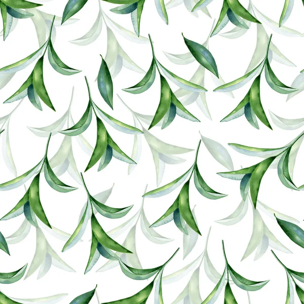 Grüne Aquarellzweige Mit Blättern Mit Nahtlosem Muster Endloser Pflanzlicher Hintergrund — Stockfoto