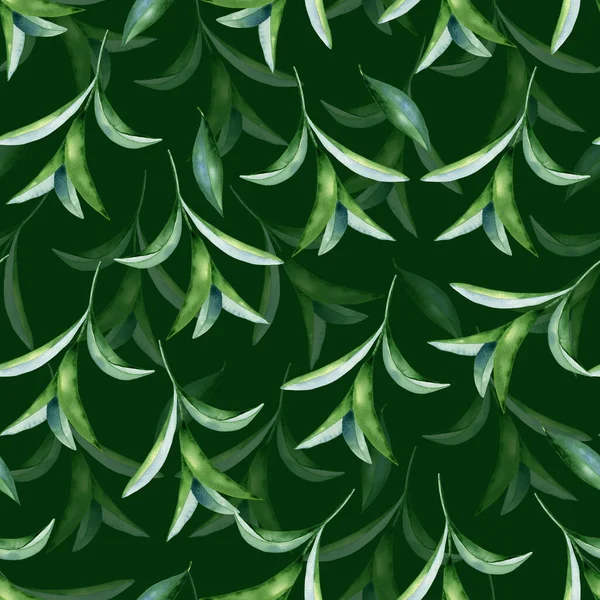 Groene Aquarel Takken Met Bladeren Naadloos Patroon Eindeloze Plantaardige Achtergrond — Stockfoto