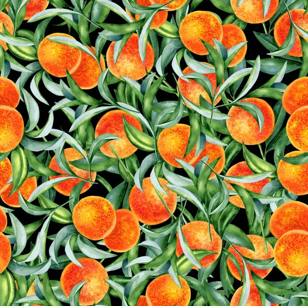Pomarańcze Bezszwowy Wzór Akwareli Ręcznie Rysowana Ilustracja Dojrzałych Owoców Cytrusowych — Zdjęcie stockowe