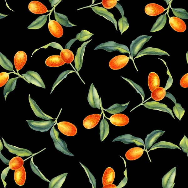 Kumquat Oddziały Akwarela Bezszwowy Wzór Owoce Cytrusowe Liście Niekończące Się — Zdjęcie stockowe