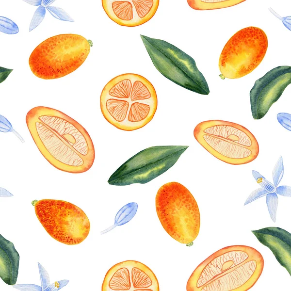 Kumquat fruits whole and cut seamless watercolor pattern. Flowers and leaves of citrus tree endless background. For textiles and packaging paper. Summer print.