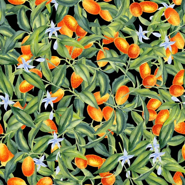 Kumquat Oddziały Akwarela Bezszwowy Wzór Owoce Cytrusowe Liście Niekończące Się — Zdjęcie stockowe