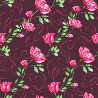 Şeffaf pembe güller suluboya desenli. El yapımı tomurcuklar ve çiçek açan yapraklar izole bir arka planda. Kumaş ve duvar kağıdı için. Hediye paketi ve düğün baskısı..