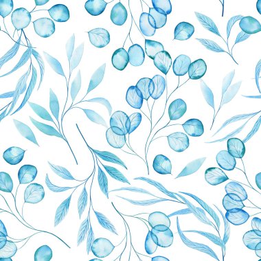 Şeffaf okaliptüs pürüzsüz suluboya deseni bırakır. İzole edilmiş arka planda dalların el çizimi. Kumaş ve duvar kağıdı için sonsuz arkaplan.