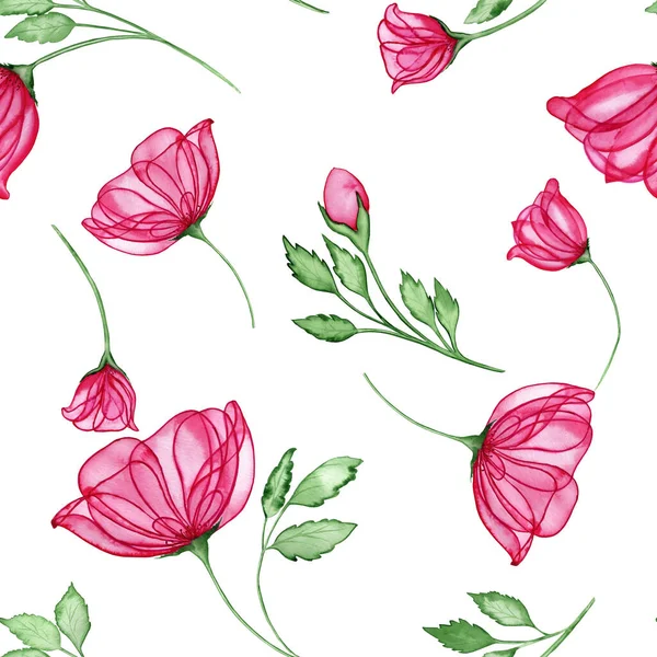 Transparante Roze Rozen Aquarel Naadloos Patroon Handgetekende Knoppen Bloeiende Bloemen — Stockfoto
