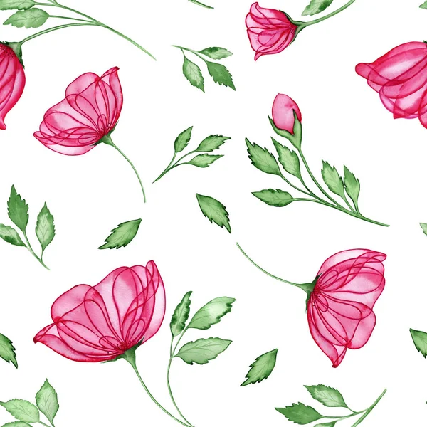 Rosas Rosadas Transparentes Patrón Sin Costura Acuarela Brotes Dibujados Mano —  Fotos de Stock