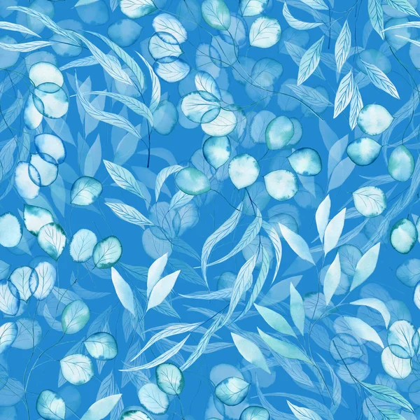 Eucalipto Transparente Deixa Padrão Aquarela Sem Costura Ilustração Desenhada Mão — Fotografia de Stock