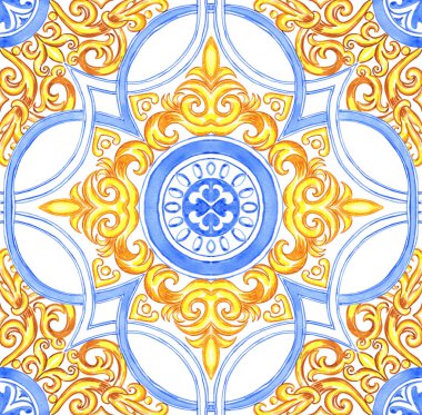 Seramik fayans dizaynı mavi ve sarı renklerde. Sicilya pürüzsüz süsü. Barok suluboya geçmişi. Elle çizilmiş kraliyet süsü. Akdeniz İtalyan baskısı.