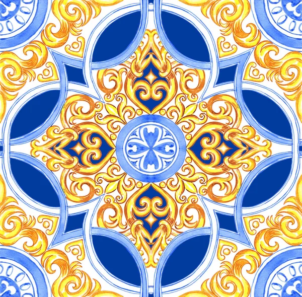 Keramische Tegel Ontwerp Blauwe Gele Kleuren Siciliaanse Naadloze Ornament Barokke — Stockfoto
