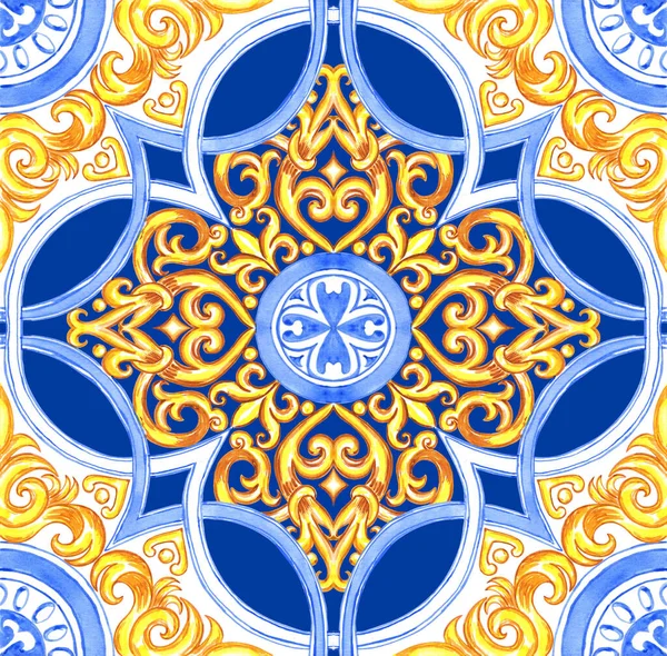 Керамическая Плитка Синем Желтом Цветах Сицилийский Бесшовный Орнамент Барокко Акварельный — стоковое фото