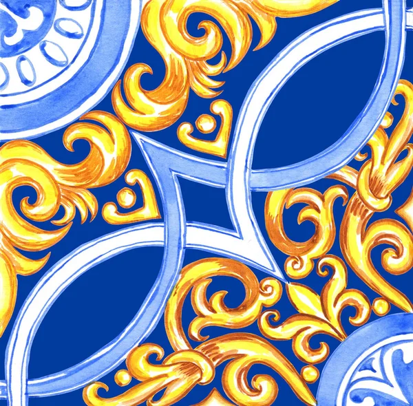Ceramiczny Wzór Płytek Kolorach Niebieskim Żółtym Sycylijska Ozdoba Bez Szwu — Zdjęcie stockowe