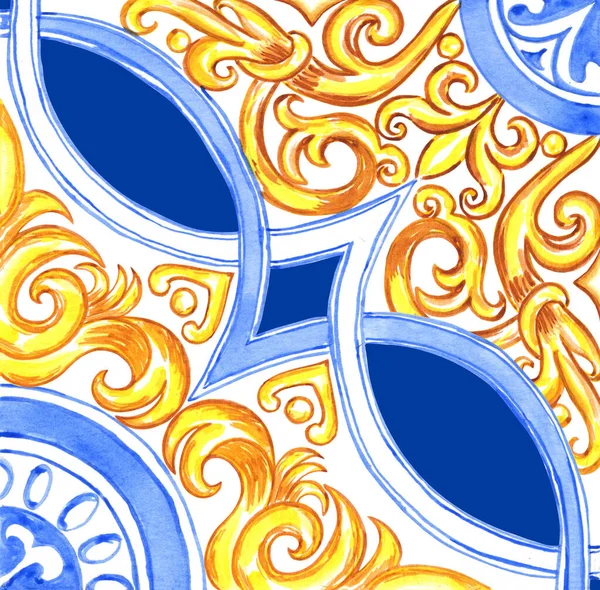 Keramické Dlaždice Design Modré Žluté Barvě Sicilský Bezešvý Ornament Barokní — Stock fotografie