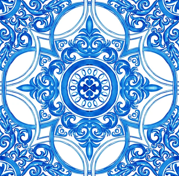 Керамічна Плитка Забарвлена Синій Колір Сицилійська Безшовна Прикраса Барочний Акварель — стокове фото