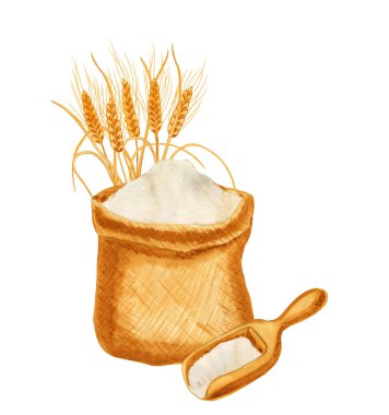 Un ve buğday karışımı dikenli bez torba. İzole edilmiş arka planda tarımsal ürünlerin elle çizilmiş suluboya çizimi. El işi ürünlerinin ambalaj tasarımı için.