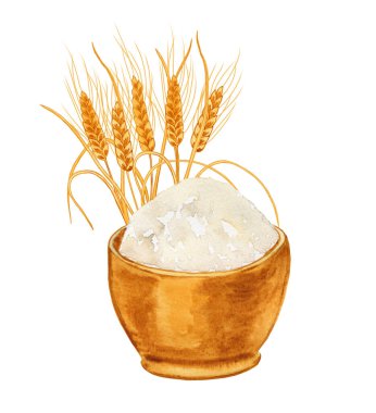 Kil kase un ve olgun buğday suluboya kompozisyon kulakları. Menü ve ambalaj tasarımı için elle çizilmiş illüstrasyon.