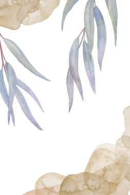 Bej ve doğal tonlarda soyut elementlerle botanik duvar boyası sanatı. Poster minimalist boho tarzı. El yapımı okaliptüs dalları ve toprak lekeleri. İskandinav motifi.