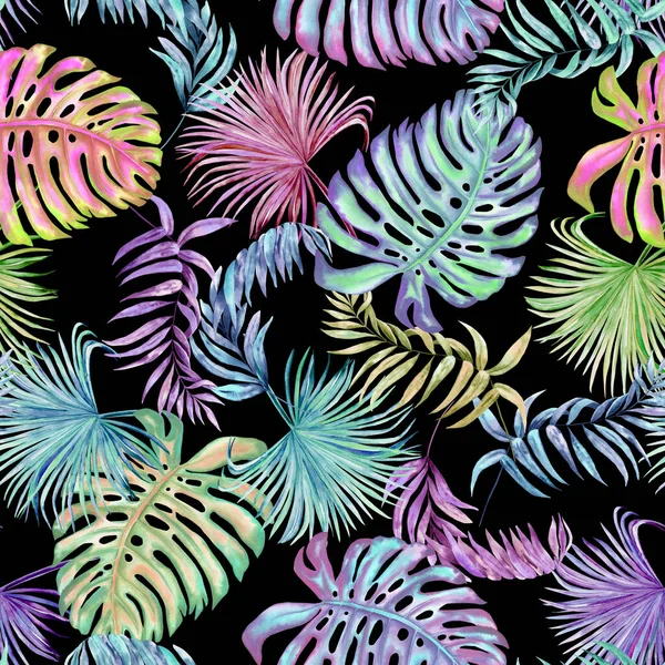 Aquarel Tropische Bladeren Naadloos Patroon Heldere Met Hand Getekende Zomerachtergrond — Stockfoto