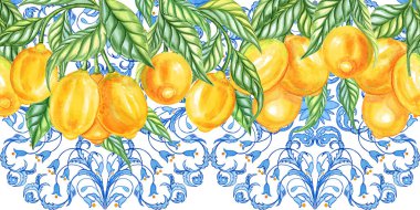 Bir dalda limonlar ve Sicilya majolikası pürüzsüz yatay desen. Suluboya elle çizilmiş arka plan İtalyan tarzı. İçinde azulejo elementleri olan kartpostal.