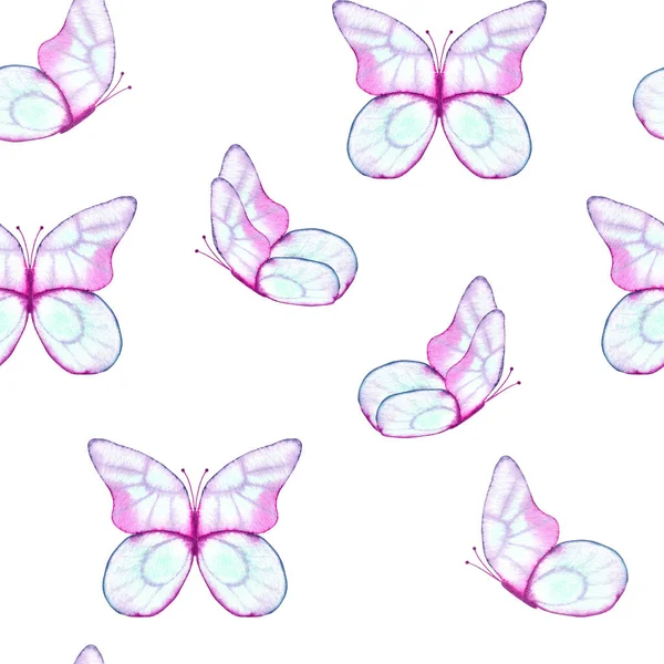 Transparente Schmetterlinge Nahtloses Aquarellmuster Handgezeichneter Endloser Hintergrund Mit Insekten Zarter — Stockfoto
