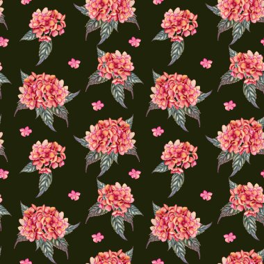 Yaprakları suluboya desensiz olan ortanca çiçekleri. Sonbahar renklerinde el çizimi buket sonsuz arka plan. Kumaş ve duvar kağıdı için yazdır.