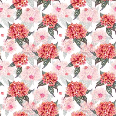 Yaprakları suluboya desensiz olan ortanca çiçekleri. Sonbahar renklerinde el çizimi buket sonsuz arka plan. Kumaş ve duvar kağıdı için yazdır.