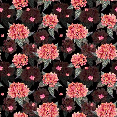 Yaprakları suluboya desensiz olan ortanca çiçekleri. Sonbahar renklerinde el çizimi buket sonsuz arka plan. Kumaş ve duvar kağıdı için yazdır.