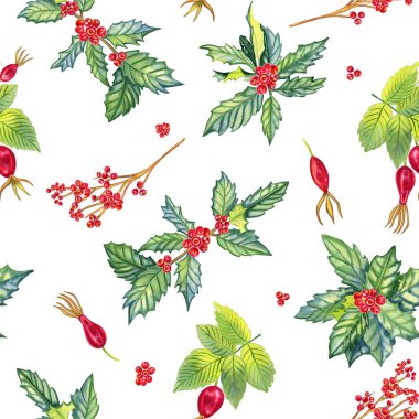 Kırmızı böğürtlenli ve suluboya kalçalı Holly dalları. Noel kış dallarının elle çizilmiş gerçekçi görüntüsü. Bitmek bilmeyen bitkisel arkaplan.