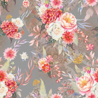 Narin çiçekler ve yapraklarla sulu boya deseni. Kumaş ve düğün tasarımı için sonsuz bir arka plan çizdim. Botanik arkaplanının sonbahar bej ve terracotta renkleri.