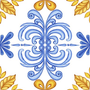 Majolica watercolor seamless pattern. Sicilian hand drawn ornament. Traditional blue and yellow ceramic tiles. Portuguese traditional azulejo pattern. Moroccan style.	