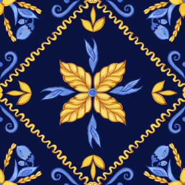 Majolica watercolor seamless pattern. Sicilian hand drawn ornament. Traditional blue and yellow ceramic tiles. Portuguese traditional azulejo pattern. Moroccan style.	