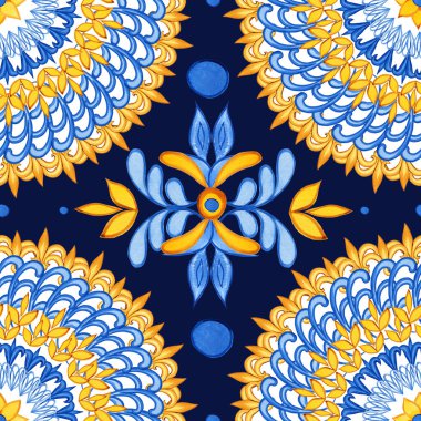 Majolica watercolor seamless pattern. Sicilian hand drawn ornament. Traditional blue and yellow ceramic tiles. Portuguese traditional azulejo pattern. Moroccan style.	