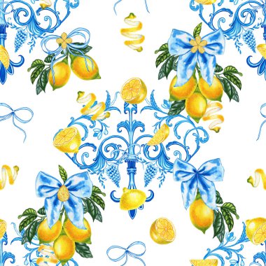 Geleneksel İtalyan süsü ve limon dalları suluboya desenli. Sinekkuşu ve fiyonklu Sicilya yaz baskısı. Kumaş ve duvar kağıdı için Akdeniz baskısı. Sarı narenciye ve majolika..