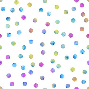 Çok renkli puantiyeli noktalar dikişsiz suluboya deseni. El çizimi sonsuz arka plan. Doku daireleri basit arkaplan. Kumaş ve duvar kağıtları için.